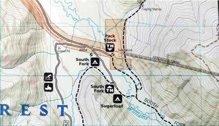 A topographical map showing the area where the samples were pulled from. It's marked by lines showing the Williams Fork River and campgrounds. 