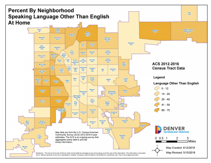 Denver map showing percentage of homes in each neighborhood where a language other than English is spoken at home.