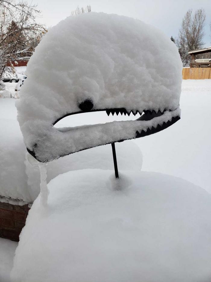 Snow piled on top of a metal lawn dragon. 