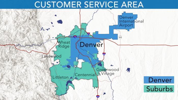 Image showing Denver Water's service area in the city and county of Denver and surrounding suburbs.