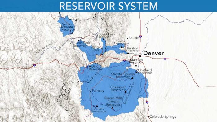 A map showing where Denver Water collects water from, and the reservoirs the utility stores the water in.