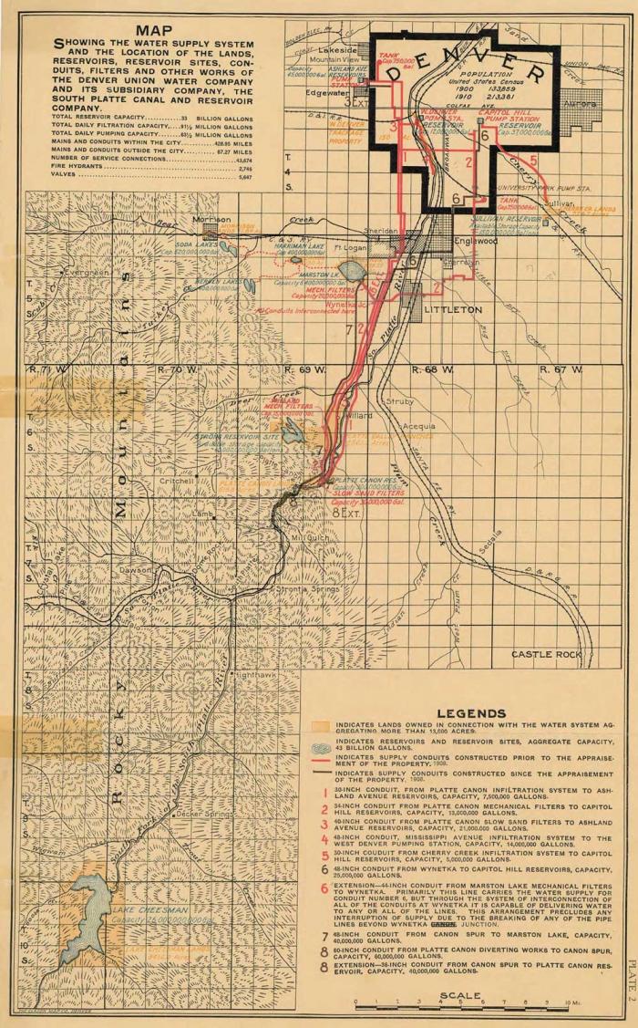 A brown map showing the path from Cheesman Reservoir to Denver in 1913, marked with lines indicating pipes to carry water.