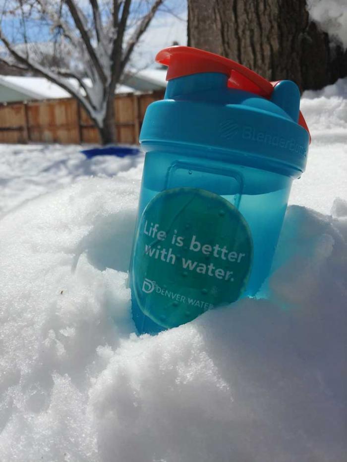 Denver Water cup in snow kristi delynko march blizzard 2021