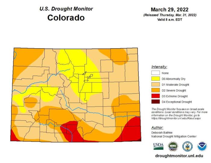 Map of Colorado showing drought levels
