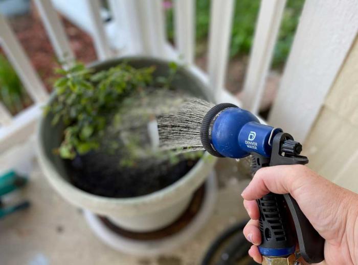 A hand waters a container with plants using a hose with a shutoff nozzle.