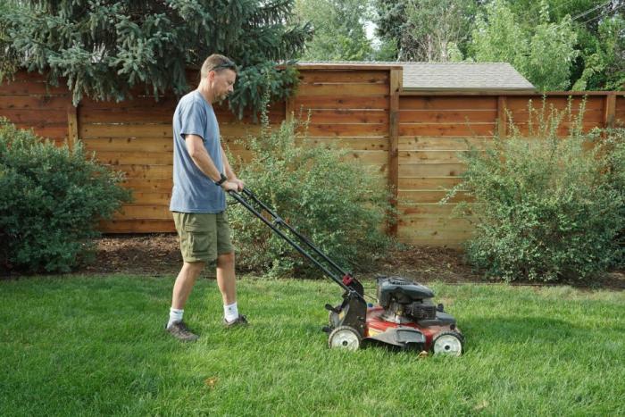Man pushes a lawn mower