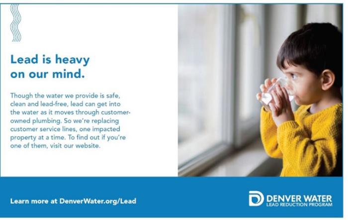 An ad showing a small boy drinking water with the words: Lead is heavy on our mind.