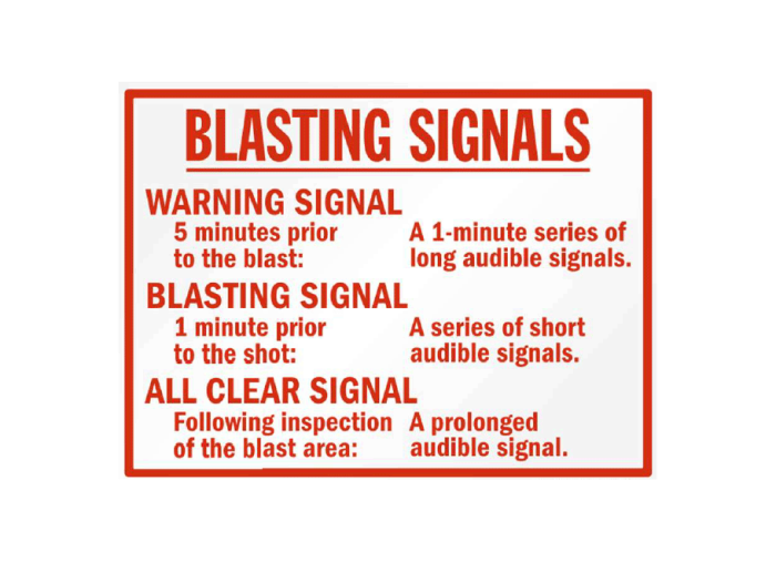 Warning signal: 5 minutes prior to the blast (one minute of long audible signals); blasting signal one minute prior to the shot (series of short audible signals); all clear signal following inspection of blast area (a prolonged audible signal). 