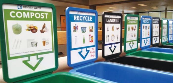 Compost and recycling bins at Denver Water facility