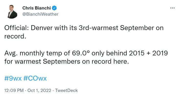 Tweet about it being official, that September 2022 was the third-warmest September in Denver weather records.