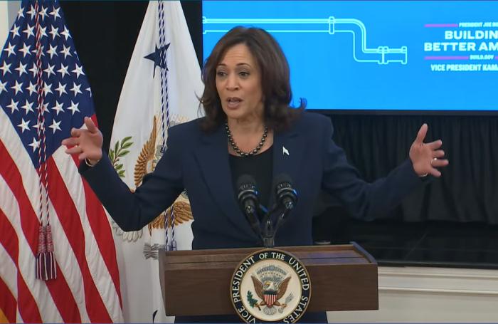 Vice President Kamala Harris speak at the White House summit, behind a podium with the American flag next to her. 