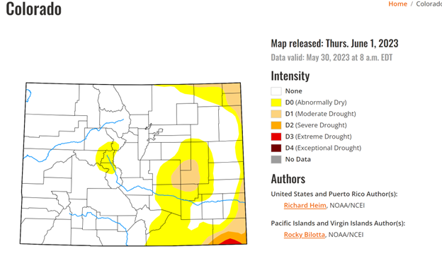 A Colorado map showing very little of the state in yellow, orange or red, indicators of drought. 