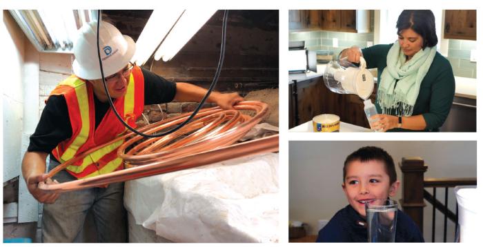 Denver Water worker using copper to replace lead service line; woman using pitcher that removes lead; young boy drinks water from certified water pitcher that removes lead.