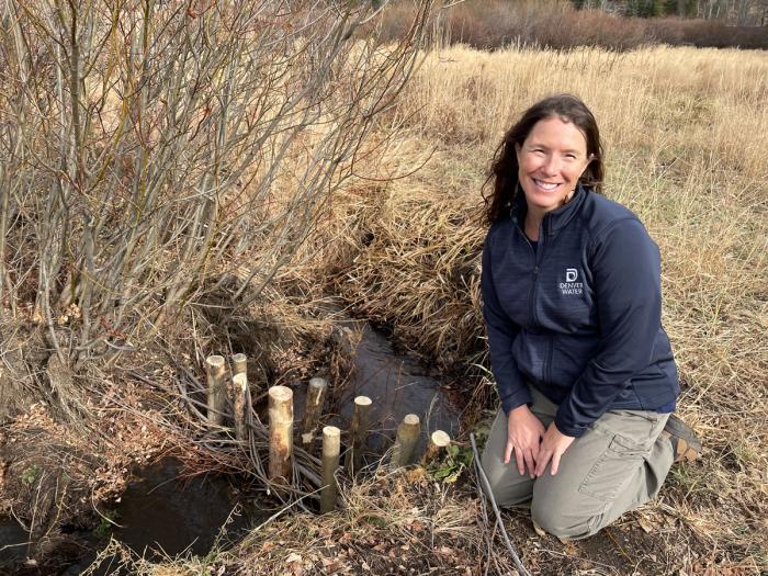 A woman wearing a workshirt with a Denver Water logo crouches next to the completed pole structure in the streambed. She's smiling because the work is completed. 