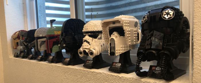 Lego models of Star Wars helmets