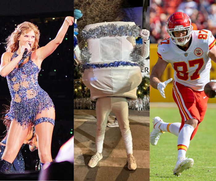 Three images side-by-side: On the left is Taylor Swift in concert, on the right is Travis Kelce running in the field, about to catch a football, and in the middle is Denver Water's Running Toilet, hands raised in a touchdown sign -- and one hand is clutching a toilet plunger.