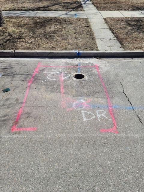 red and blue paint lines on the street mark the location of underground utilities.