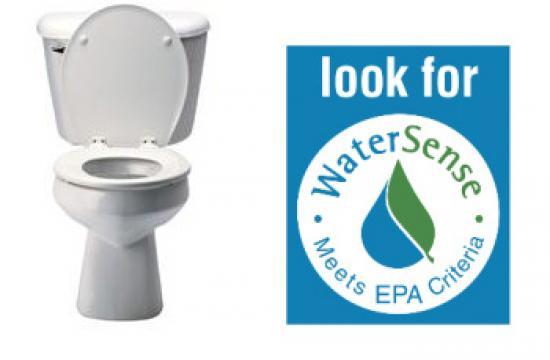 White toilet with text "look for waterSense, meets EPA criteria"