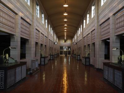 View of a long hallway through a water treatment plant