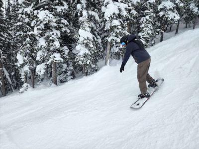 A snowboarder enjoys a powder day on a snow-filled run at a Colorado ski resort. The snow is deep and plentiful. And he rejoices.