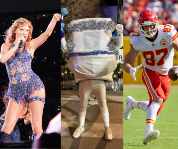Taylor Swift, Running Toilet and Travis Kelce in a side by side by side photo