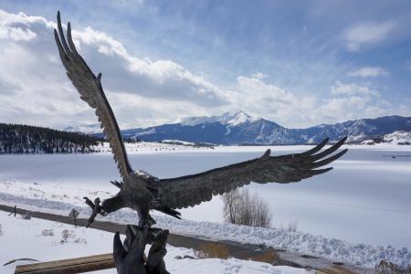 An eagle statue in front of Dillon Reservoir in Summit County, where Denver Water collects and stores mountain snowpack. Photo credit: Denver Water. 