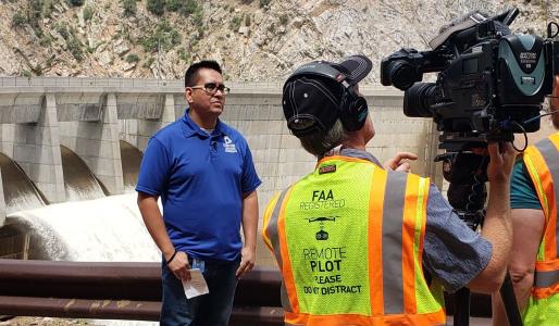 Jose Salas, a spokesman for Denver Water, during an interview with 9News reporters at Strontia Springs dam. Photo credit: Denver Water.