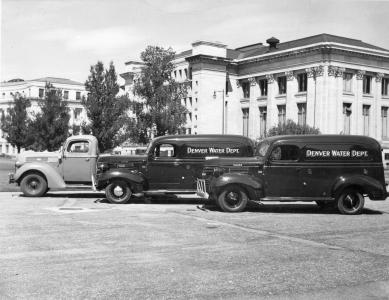 1942 Dodge trucks used by Denver Water lined up near Civic Center in Denver, Colorado. 