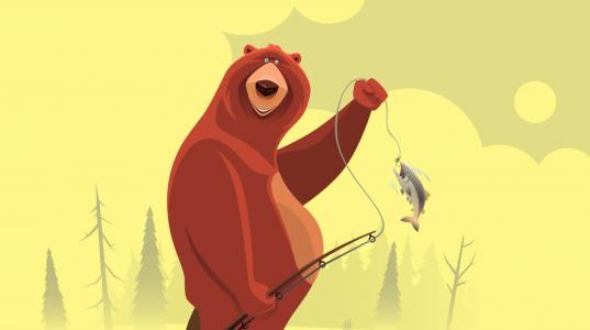 A cartoon illustration of a bear smiling and a fishing rod in his hand with a fish on the end of the line.