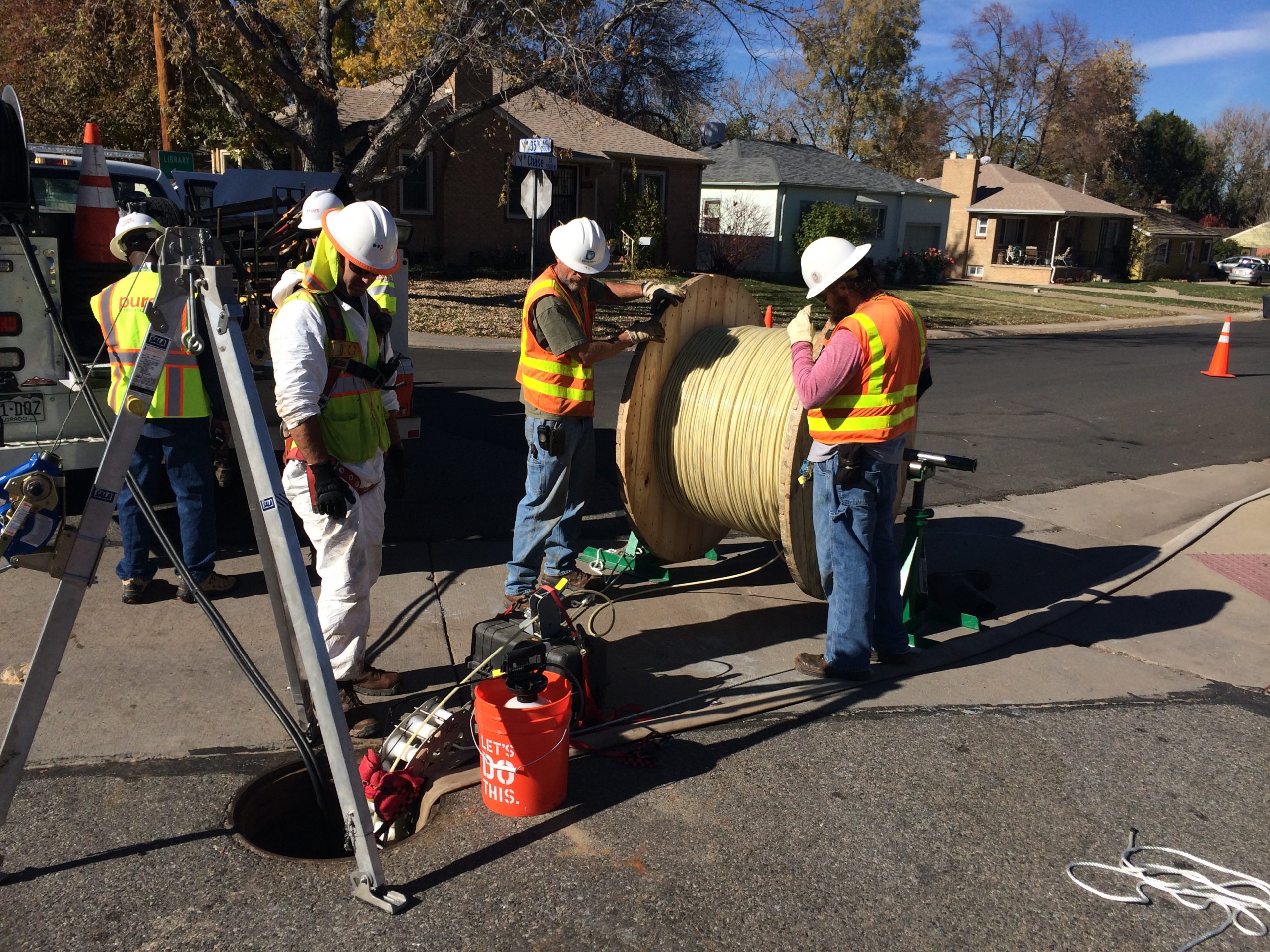 Crews install an acoustic fiber-optic monitoring system inside the north Denver pipeline in 2014. Photo credit: Denver Water.