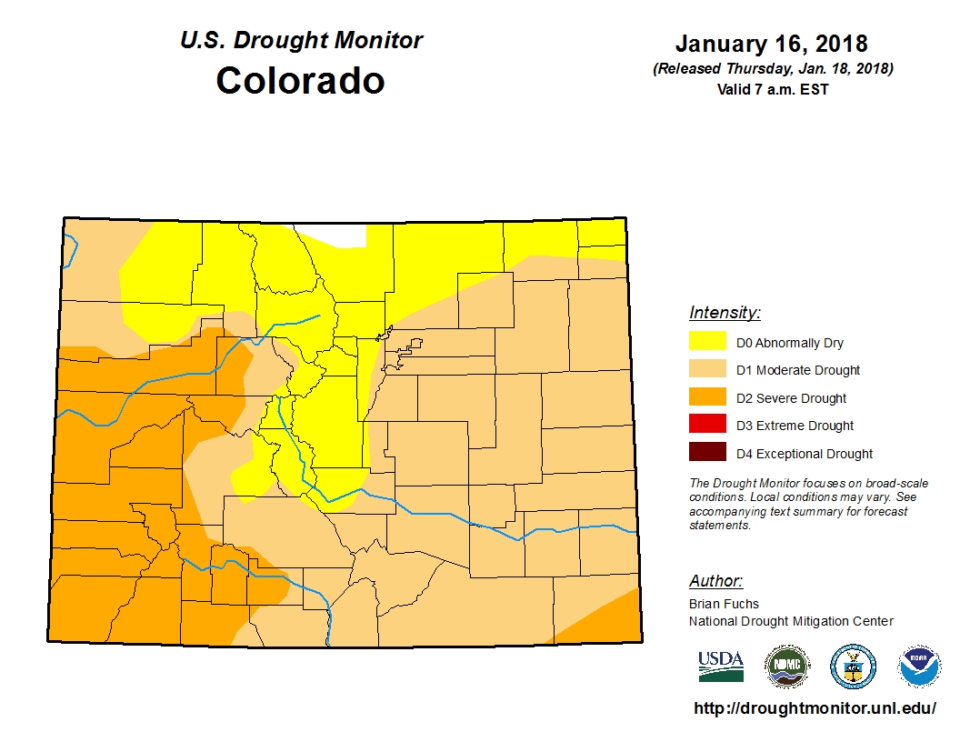 US Drought Monitor map of conditions across the state, where metro Denver falls just below drought conditions. As of 01/16/2018.
