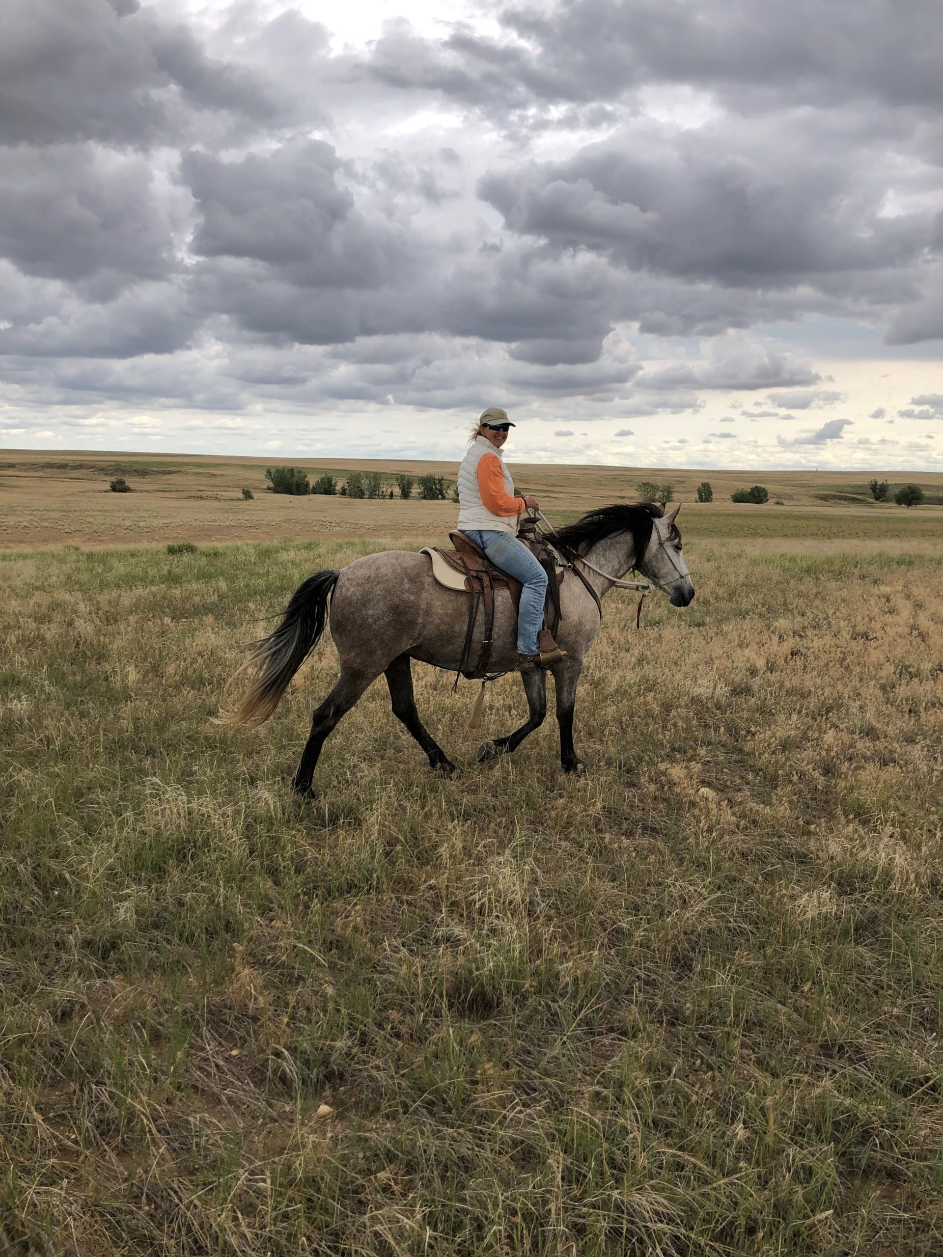 Picture of woman and her gray horse as they ride across the open range.