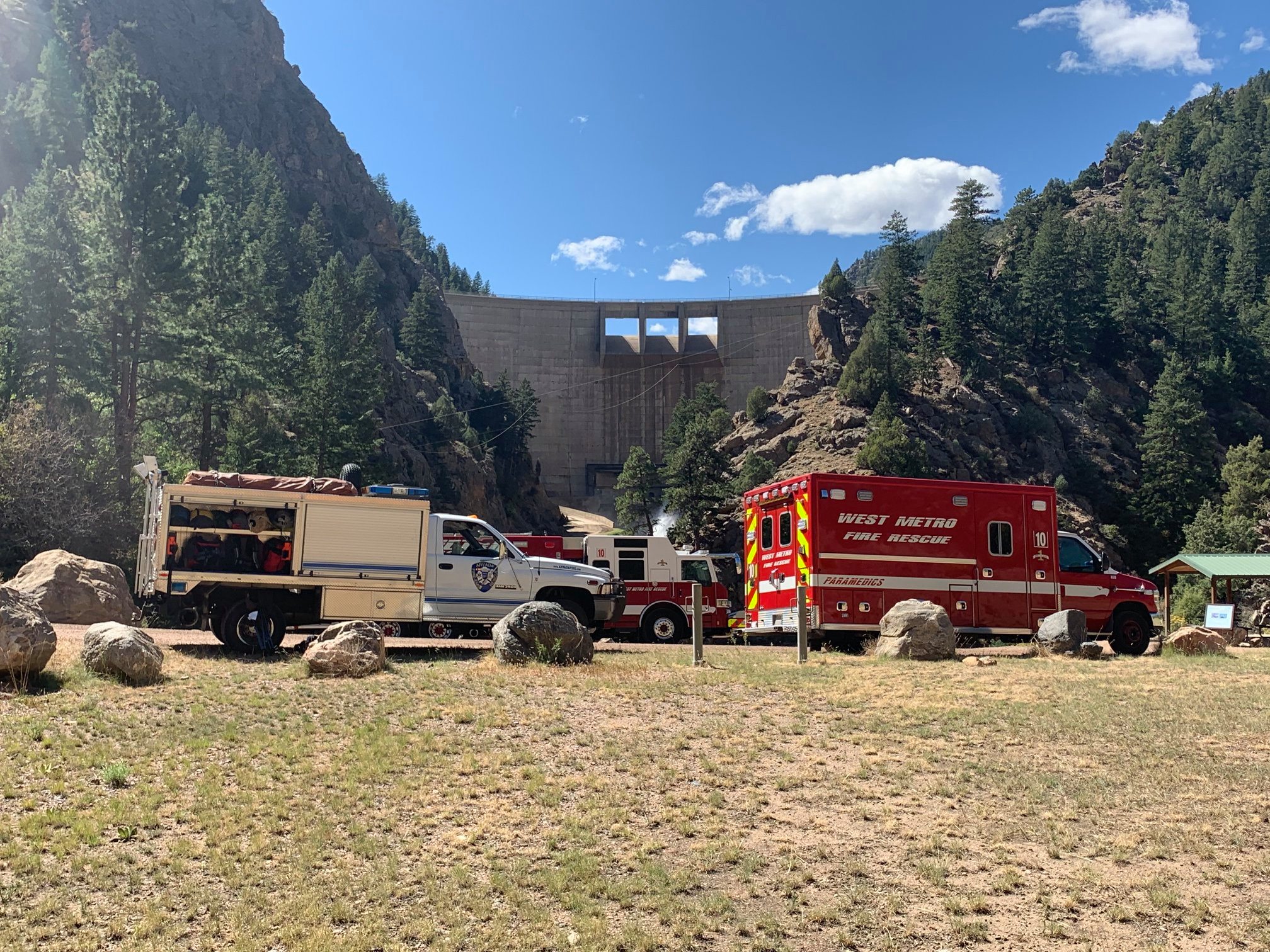 West Metro Fire Rescue stagges at the base of Strontia Springs Dam before a rope rescue training exercise in Waterton Canyon. Photo credit: Joe Orgill.