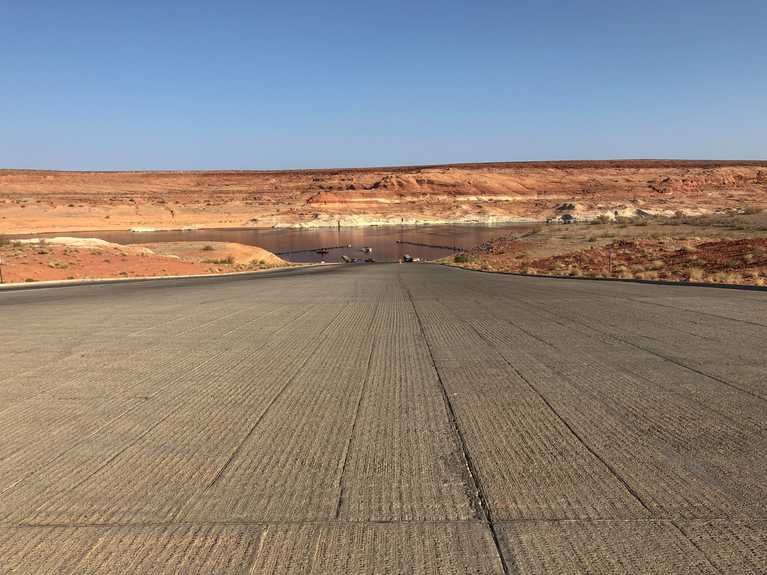 The large boat ramp at Antelope Point near Page, Arizona, provides another glimpse of what Lake Powell looks like when the water level is down 104 feet. As water levels drop, some boat ramps around the lake can no longer be used. Photo credit: Denver Water.