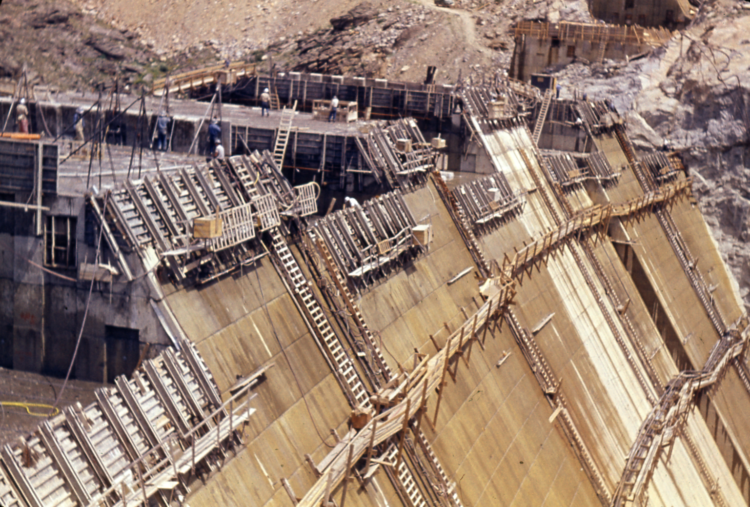 This picture shows the front of the dam under construction in 1954.