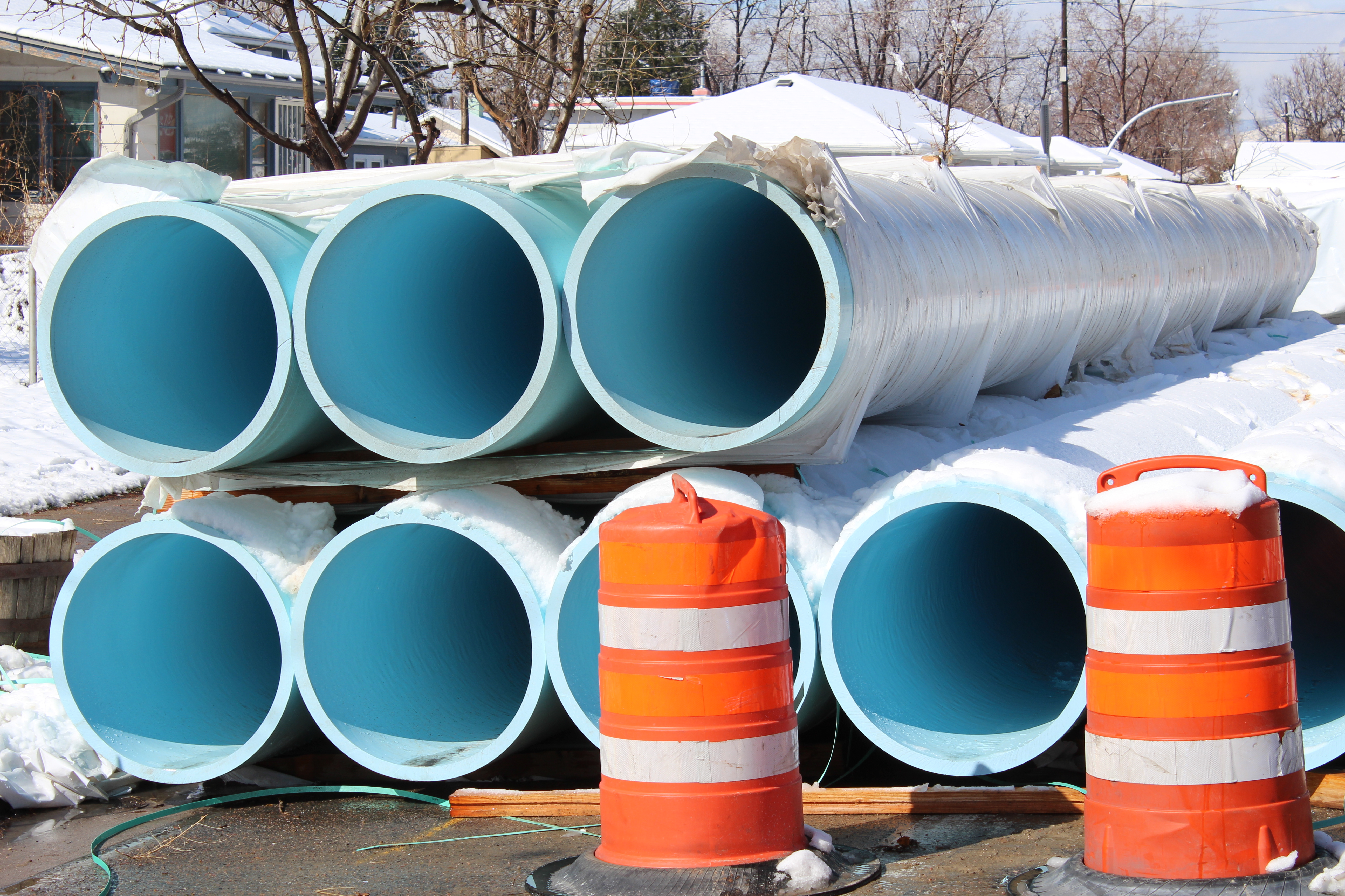 Big pipes used in replacement projects are stored at the site. Photo credit: Denver Water. 