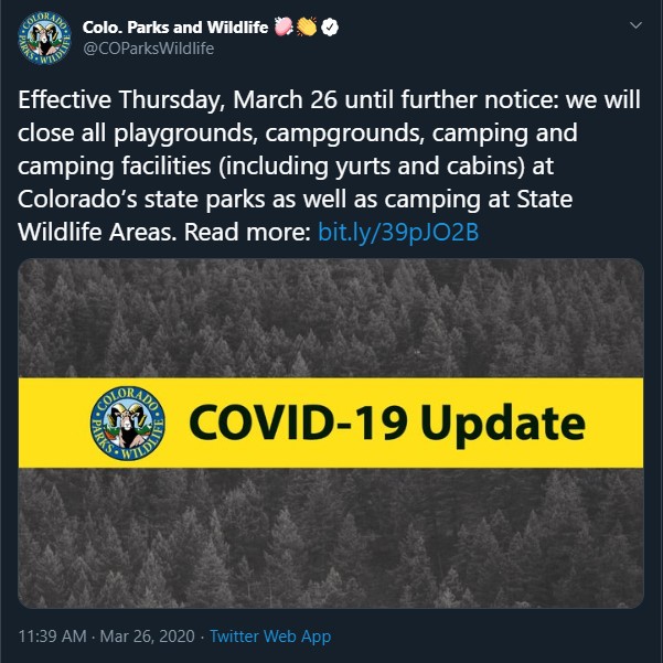 On March 26, Colorado Parks and Wildlife announced changes and restrictions to parks via its Twitter account.