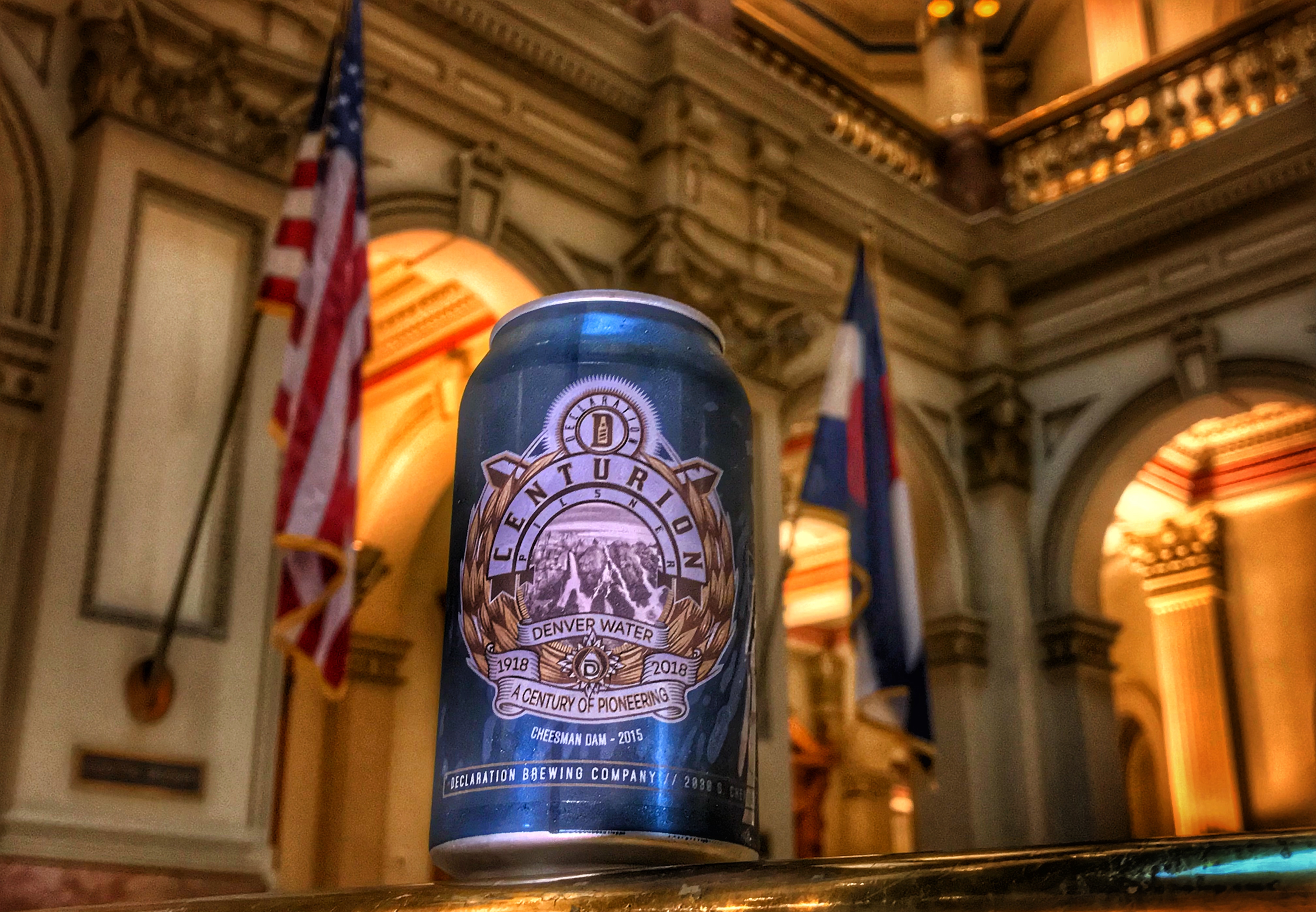 Centurion Pilsner, a craft beer from Declaration Brewery celebrating Denver Water’s 100th anniversary, makes a stop at the state Capitol. Photo by Fireside Production.