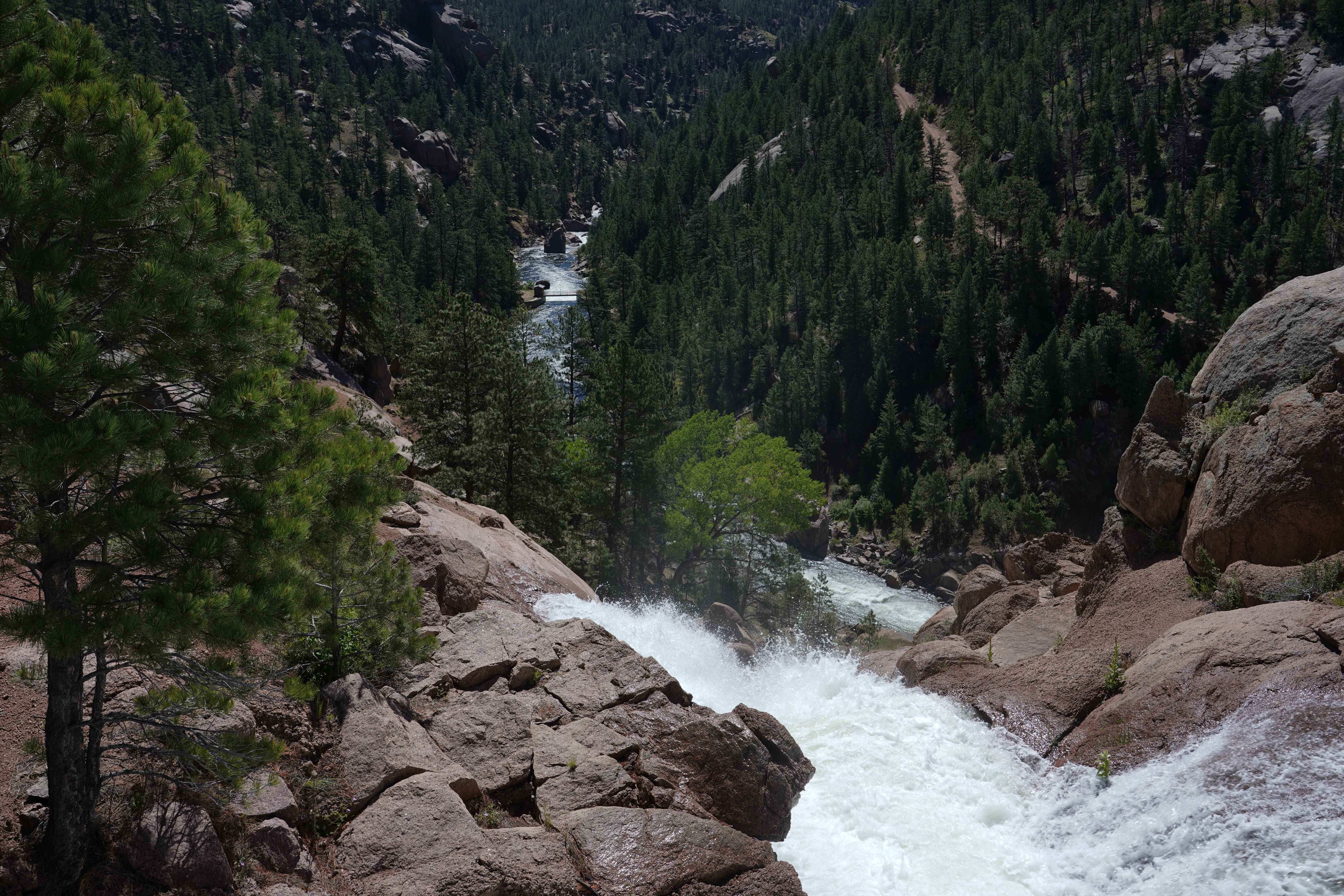 White water, green trees and red boulders.