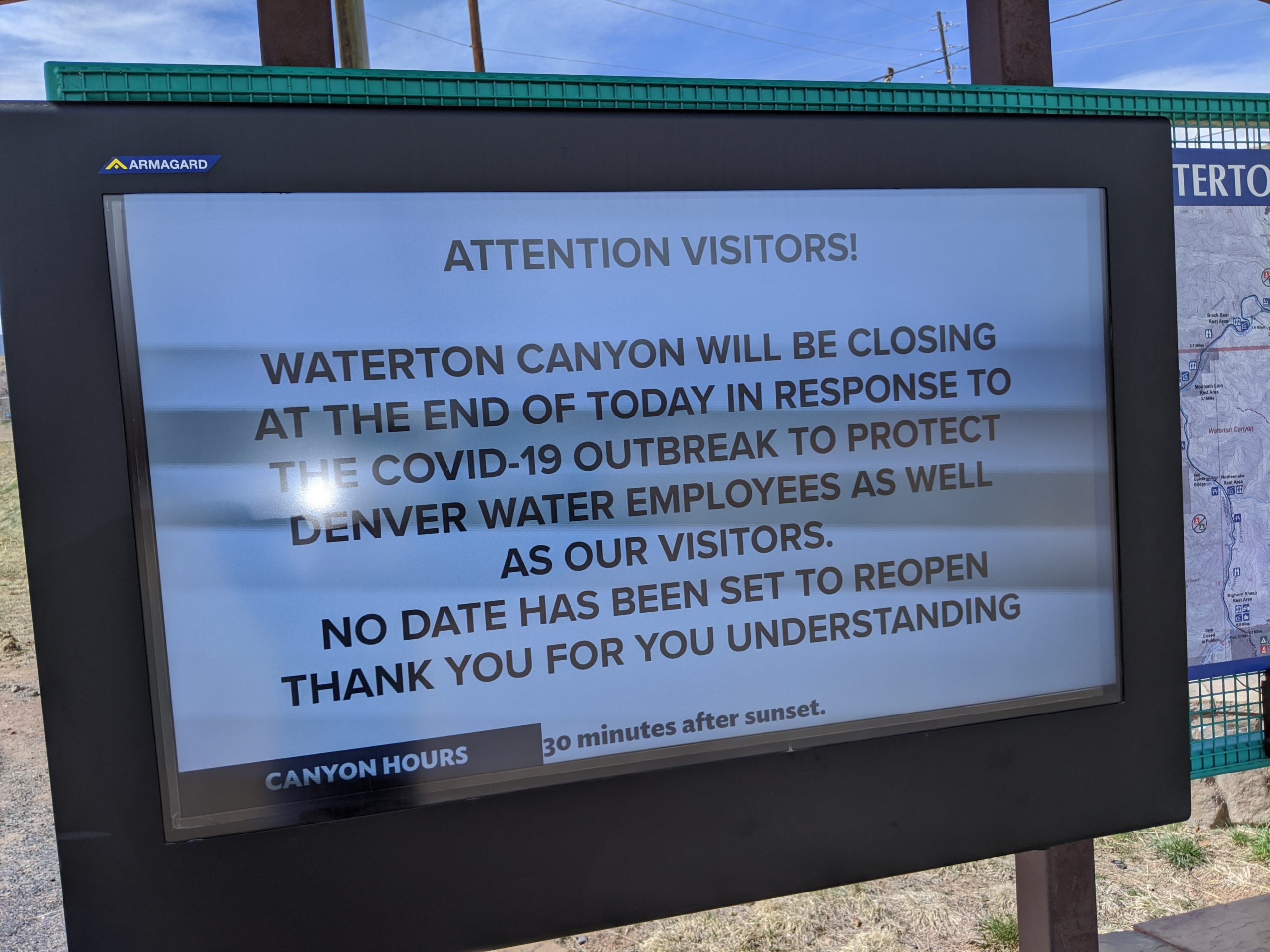 On March 17, 2020, Denver Water announced it would be closing Waterton Canyon to the public indefinitely. 