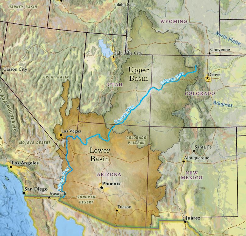 This map shows the Colorado River Basin and the seven states connected to the river and its tributaries. The Upper Basin includes Colorado, New Mexico, Utah and Wyoming and a small part of Arizona. The Lower Basin includes Arizona, California, Nevada and small portions of New Mexico and Utah. The Compact states that water from the Colorado River is to be shared equally between the two basins. Map credit: U.S. Bureau of Reclamation.