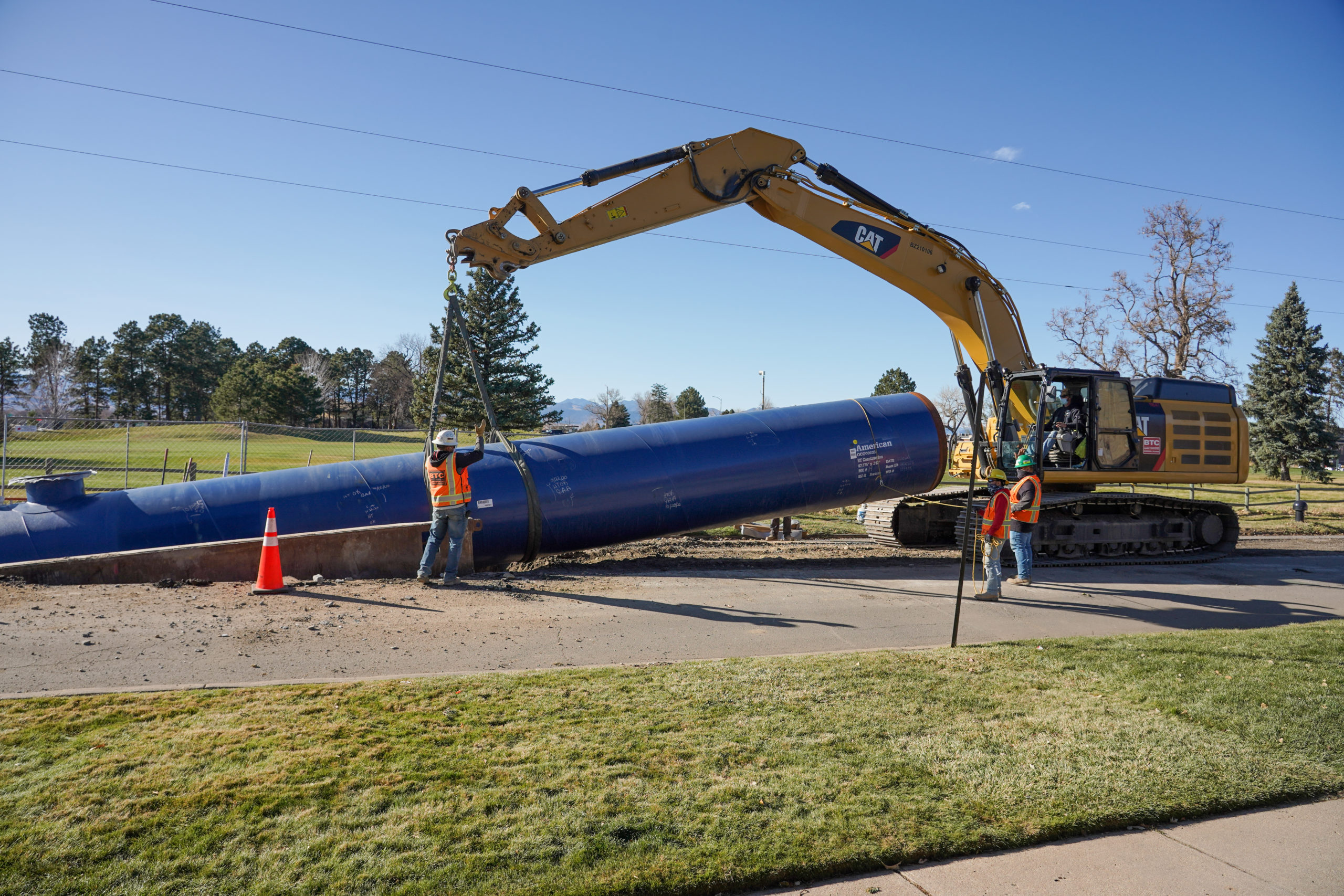 The large water pipes are 50 feet long, 66 inches in diameter and weigh 11,500 pounds. Photo credit: Denver Water.