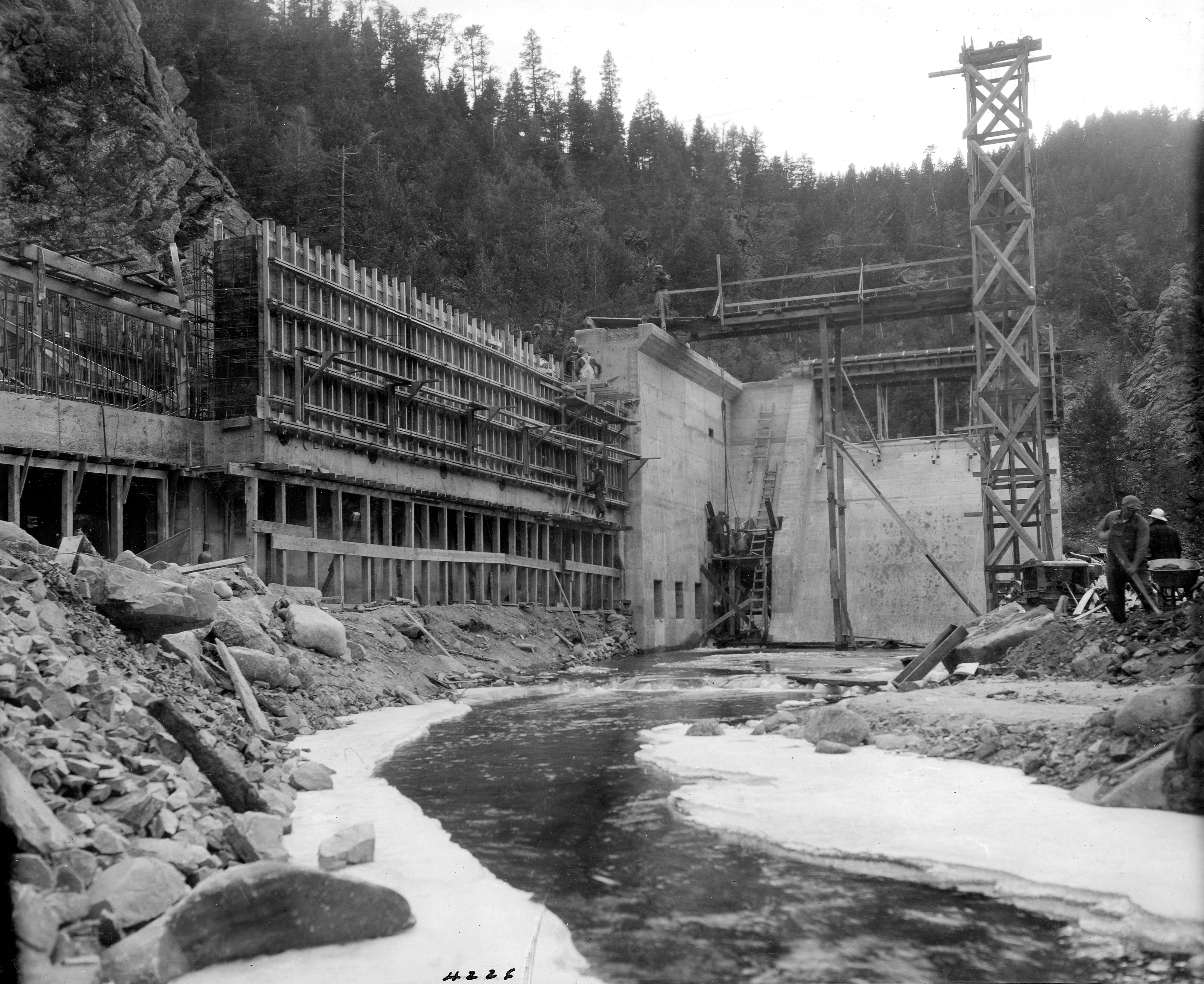 The South Boulder Creek Diversion Dam under construction in the 1930s.