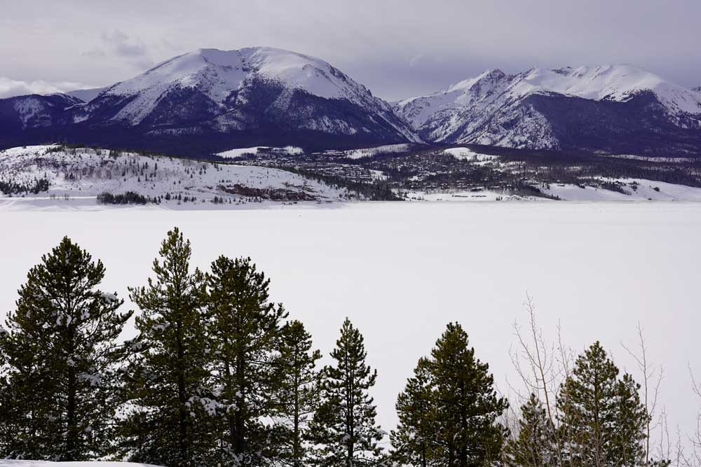 Frozen Dillon Reservoir with Buffalo Mountain in the background