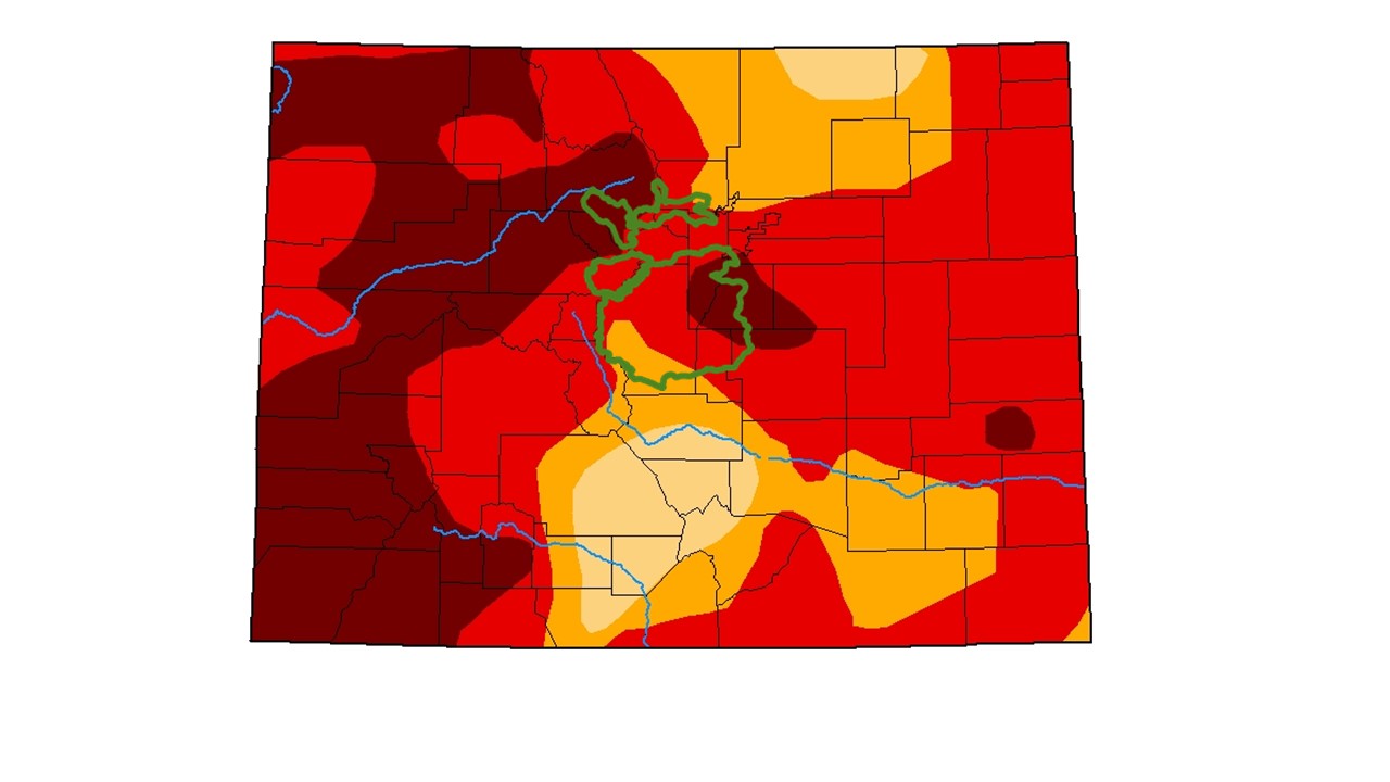 The U.S. Drought Monitor Map in mid-January, with Denver Water's collection system outlined in green. Image credit: The National Drought Mitigation Center.