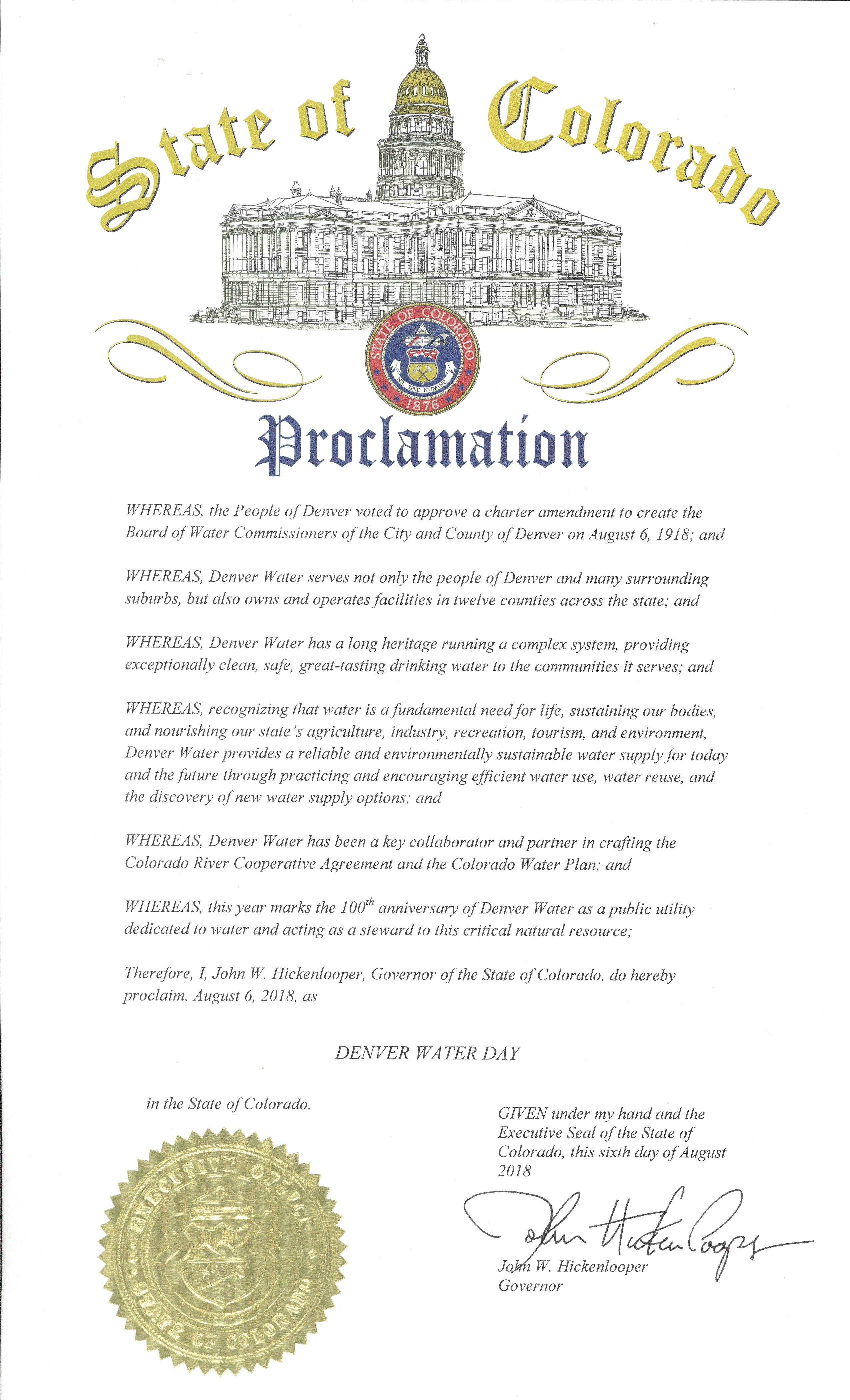 Gov. John Hickenlooper proclaimed Aug. 6, 2018, to be "Denver Water Day."