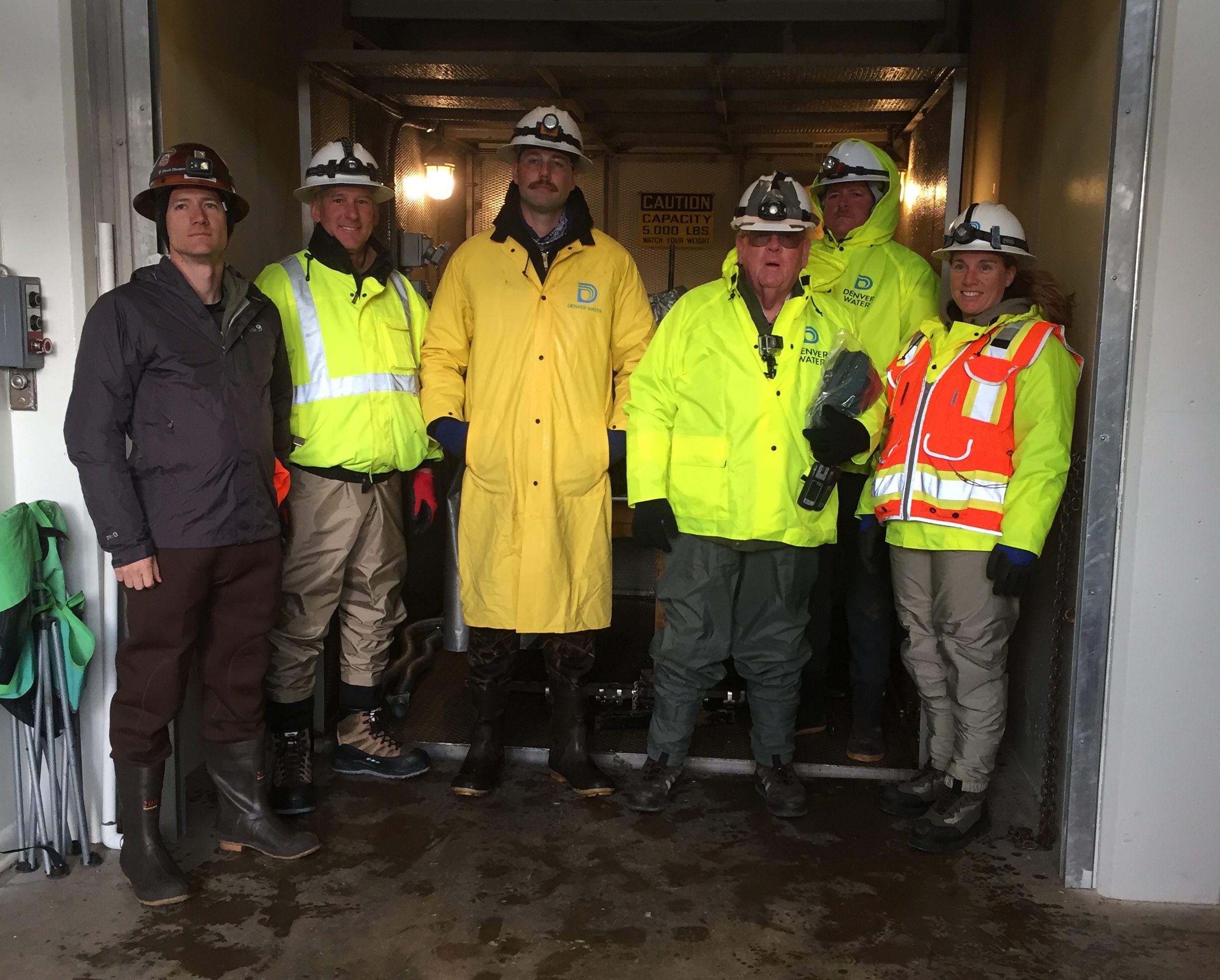 Inspection Team left to right: Nate Soule, Lithos Engineering inspector; Tim Holinka, West Slope operations supervisor; Garret Miller, Roberts Tunnel supervisor; Doug Sandrock, safety specialist; Jay Dankowski, mechanic; Erin Gleason, dam safety engineer.