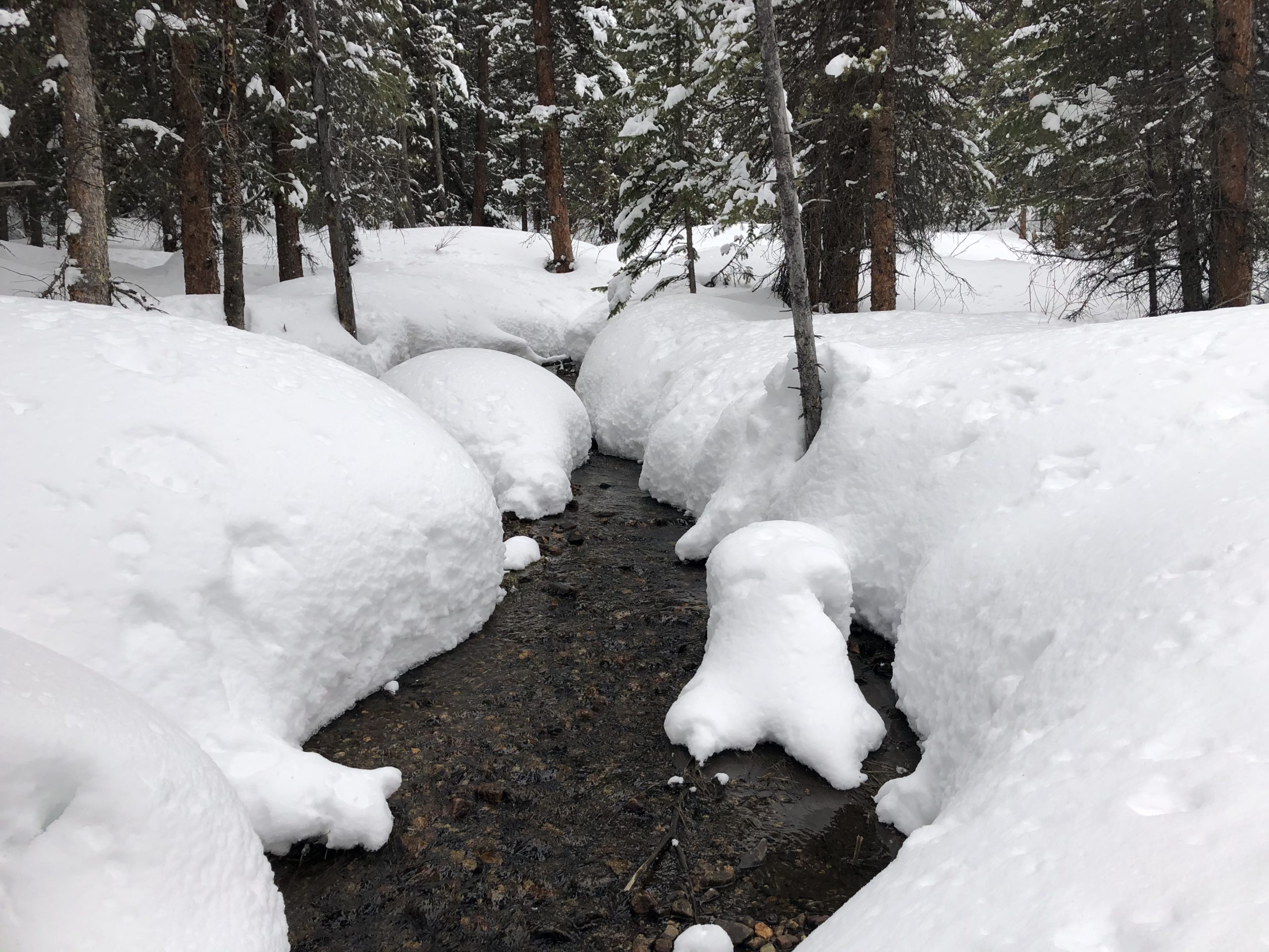 Snow piles up along the banks of Cucumber Gulch in Breckenridge on March 23, 2020. The snow will melt and flow into Dillon Reservoir. Photo credit: Denver Water.