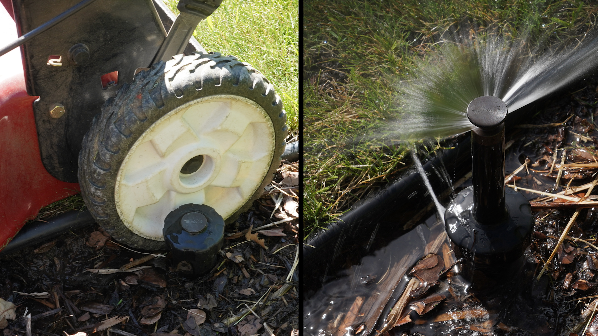 Note the leak on the sprinkler after it's hit by a lawnmower. Photo credit: Denver Water.