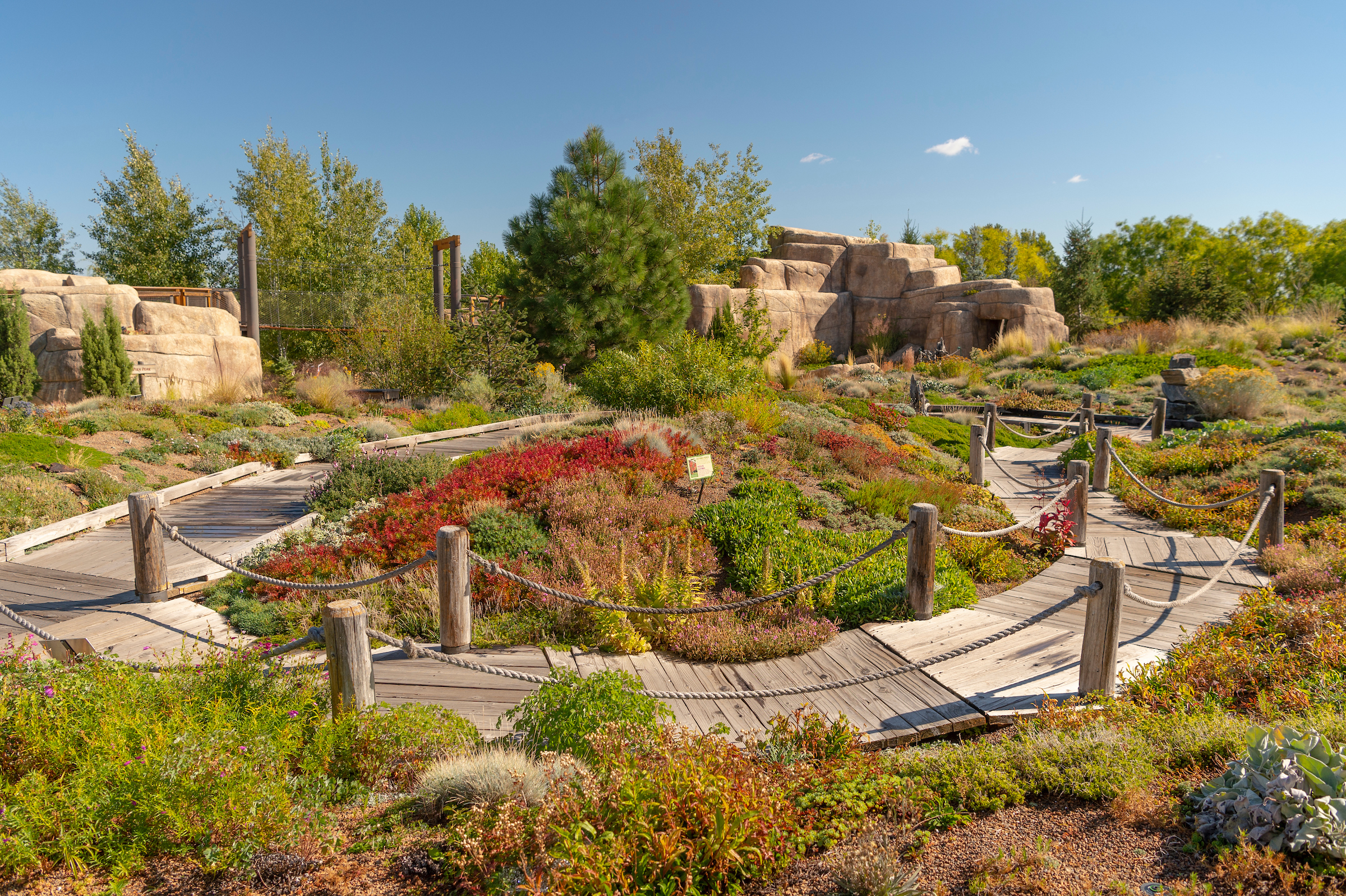 A wood-planked path winds through a garden of shrubs and trees with a stone structure in the background.